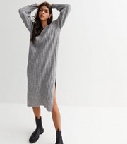 New Look Pale Grey Ribbed Brushed Knit Midi Dress